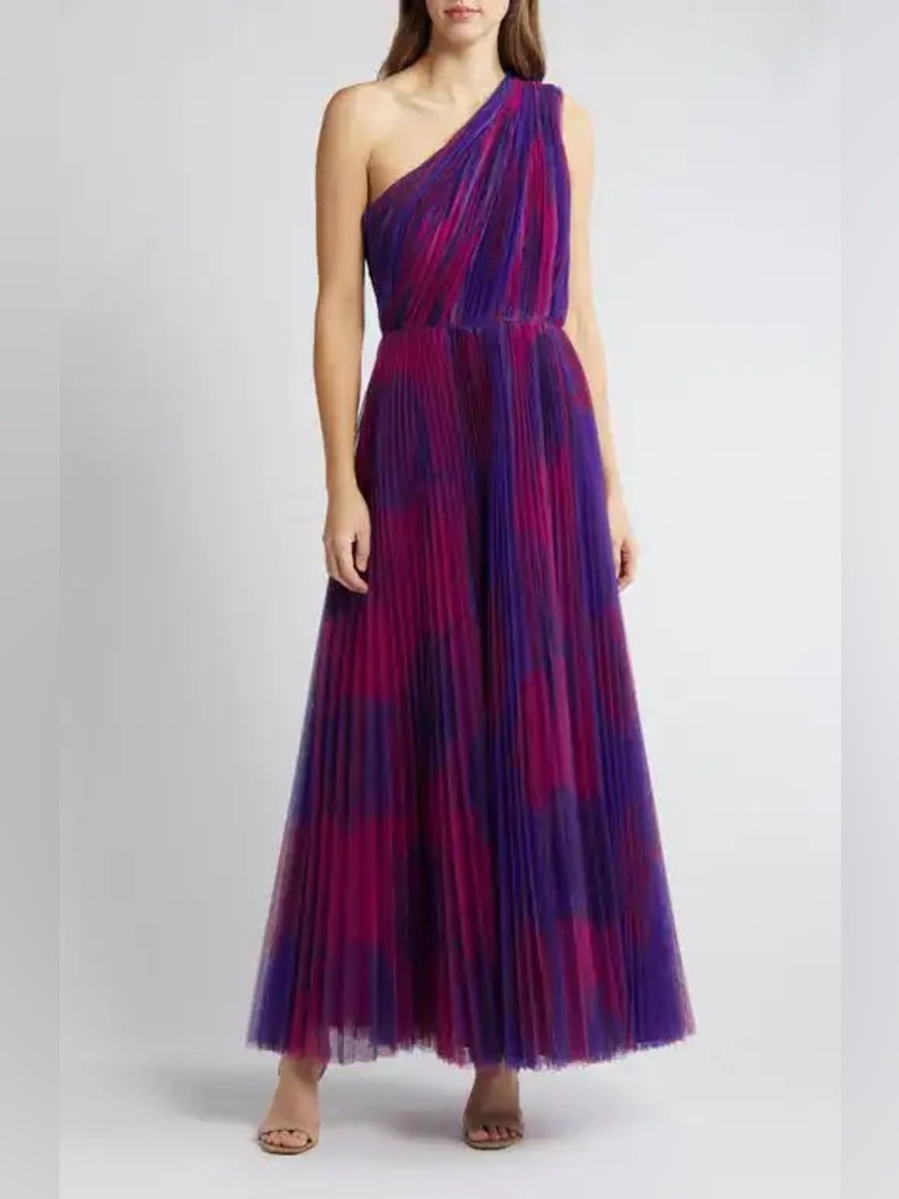 Hutch One-Shoulder Pleated Gown in Purple and Pink